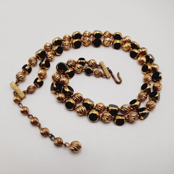 Vintage Two Strand Gold Plated & Black Bead Necklace 16” including Extender - Picture 9 of 13